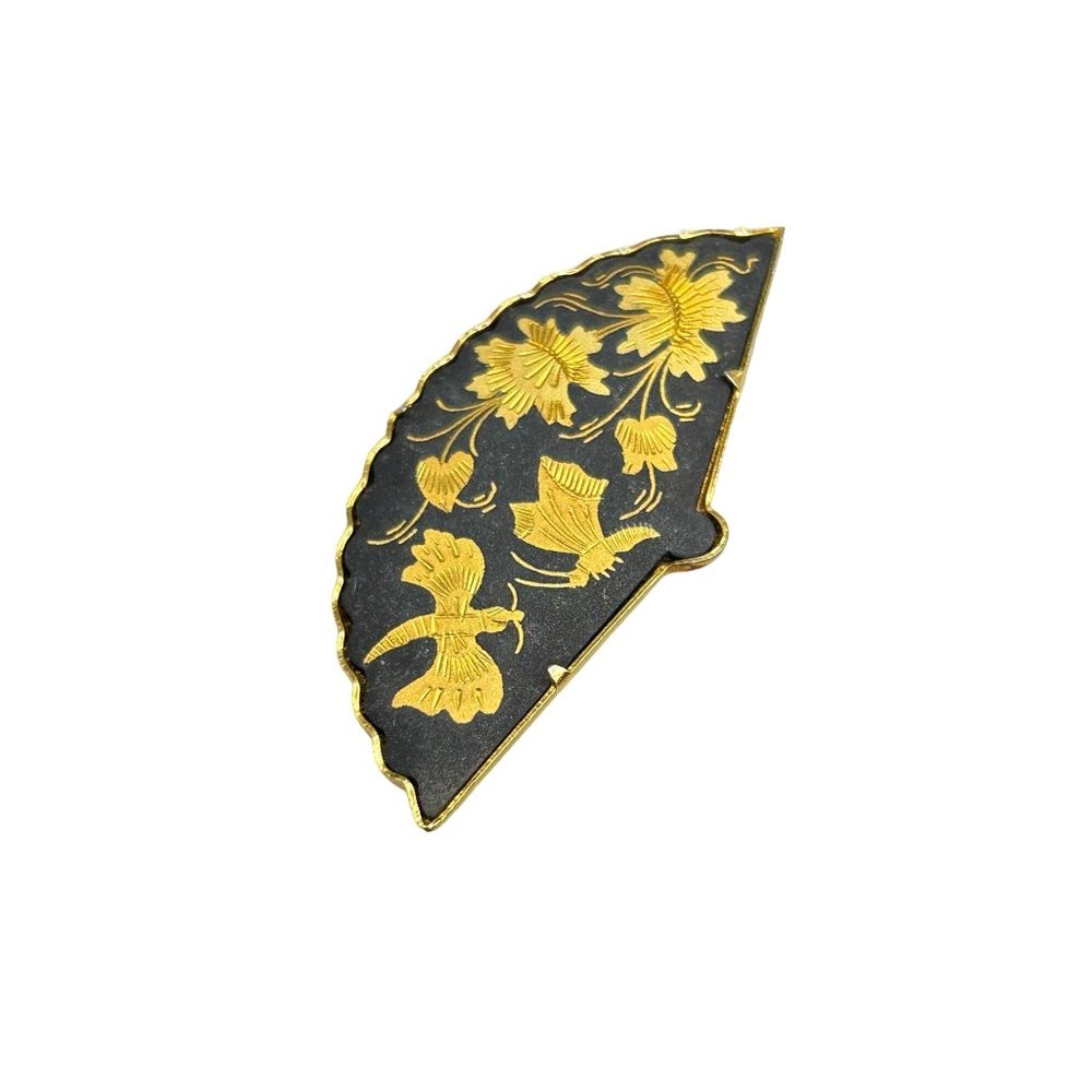 Vintage Damascene Pin Brooch Black Gold Hand Fan Shaped Pin with Trombone Clasp